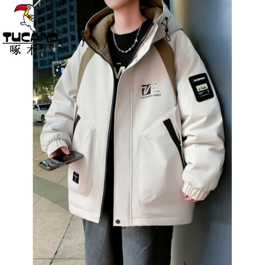 Woodpecker (TUCANO) autumn and winter youth velvet thickened cold-resistant warm jacket men's jacket cotton jacket junior high school and high school student top 807 beige velvet thickened 2XL recommended 140-160Jin Jin equals 0.5 kg