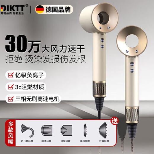 DIKTT Germany bladeless high-speed hair dryer constant temperature hair dryer quick-drying household silent high-power hair dryer baby barber shop hair salon hair dryer Huaqiangbei ceramic white five air nozzles 3 billion negative ions 520 Valentine's Day gift