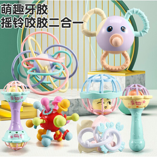 Shixi Flower Language is suitable for baby teething gum, Manhattan ball, soft rubber molar, baby can chew the chewing rubber hand-grabbed massage ball during the teething period, new bear stick big ball 7-piece set (storage box)