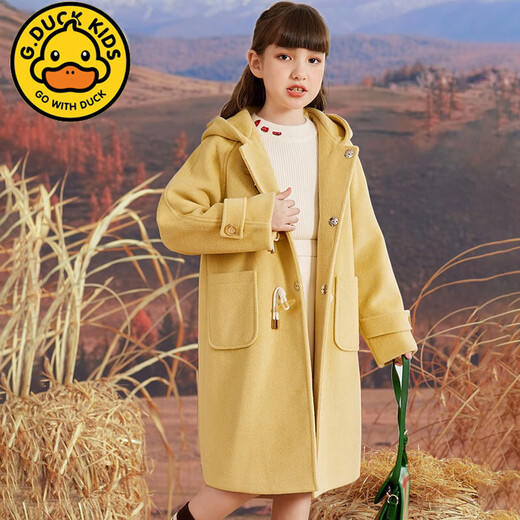 
G.DUCKKIDS brand children's wear girls' woolen jacket autumn and winter loose hooded thickened cotton children's woolen coat medium length goose yellow 22-1003 150cm