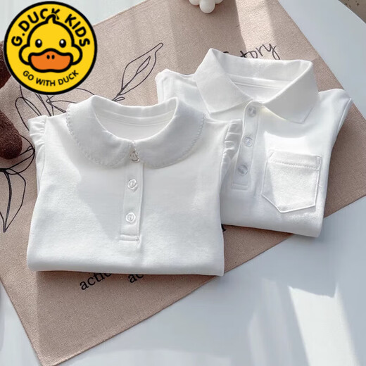 G.duck children's clothing girls white shirt pure cotton boys simple POLO long-sleeved school uniform white shirt children's lapel bottoming shirt white boys POLO collar long sleeves 120 cm recommended height 110-120cm5-6 years old