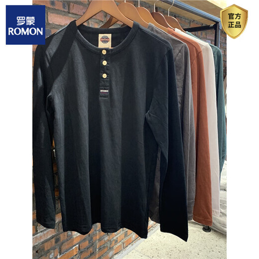 ROMON cotton three-button Henry collar long-sleeved T-shirt men's spring and autumn loose bottoming shirt American Ami khaki casual top Iron Gray M 100-120Jin Jin is equal to about 0.5 kg