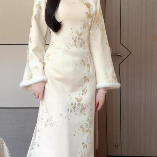 Pierre Cardin Matcha Mochi 2025 winter new improved cheongsam embroidered suede plus velvet fur collar women's style new Chinese style white petticoat M