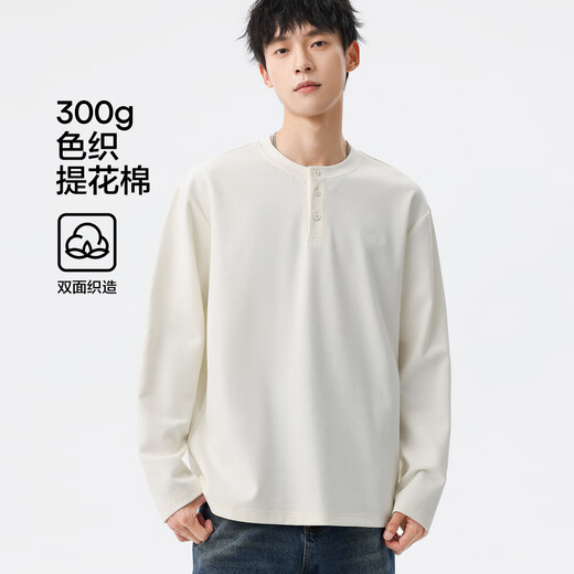 Commoner Legend 300g yarn-dyed jacquard cotton Henry collar long-sleeved shirt men's loose bottoming shirt outerwear off-white L