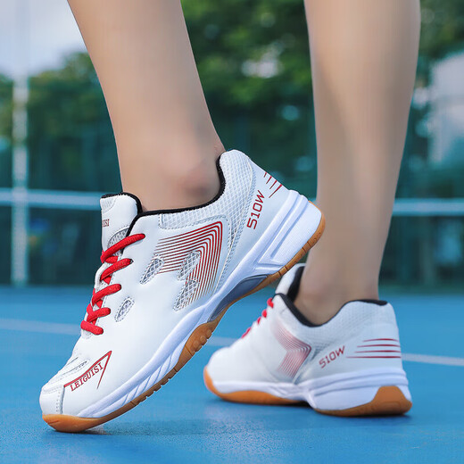 65z3 New Badminton Shoes Autumn Indoor Comfortable Double Net Sports Shoes Simple Thick Soled Lightweight Competition Shoes White Red 42