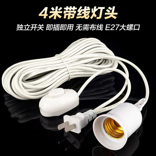 Beigong E27 screw socket, chandelier switch extension cord, hanging LED lamp with wire plug, 4-meter screw socket lamp holder
