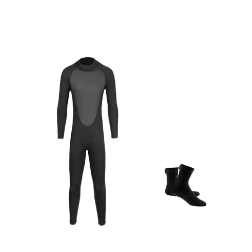 Big Tuan Xiaoyuan 5mm long-sleeved warm wetsuit men's one-piece sun protection waterproof female snorkeling suit surfing cold protection swimming and diving upgraded model classic one-piece black + diving socks S S size 80-95Jin Jin is equal to 0.5 kg