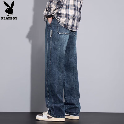 Playboy Jeans Men's Autumn New Loose Loose Straight-Legging Brand Lignet Lignet Droppant Retro Casual Cantant 9854 Blue régulier XL [poids 130-150jin [Jin est égal à 0,5 kg]]]