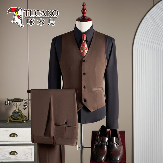 Woodpecker double-breasted wool suit men's suit business formal high-quality slim large size groom's wedding suit three-piece black suit + trousers XL (125-140Jin Jin equals 0.5 kg)
