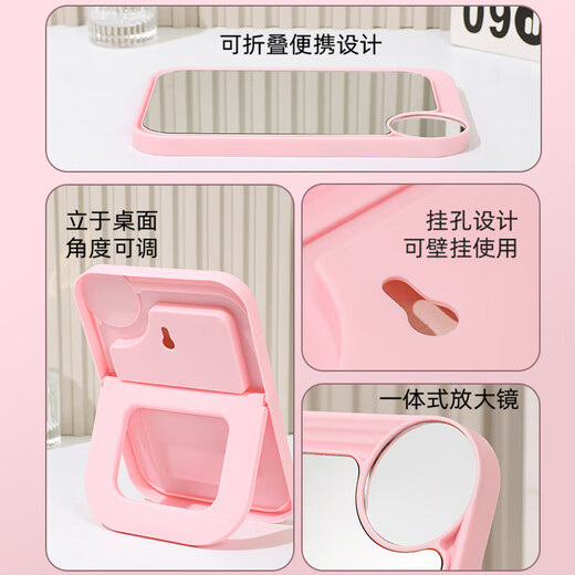 网红ins超高清化妆镜方形台式单面带放大小圆镜美发工具放大两用单面镜LED随身补光镜子 蓝色