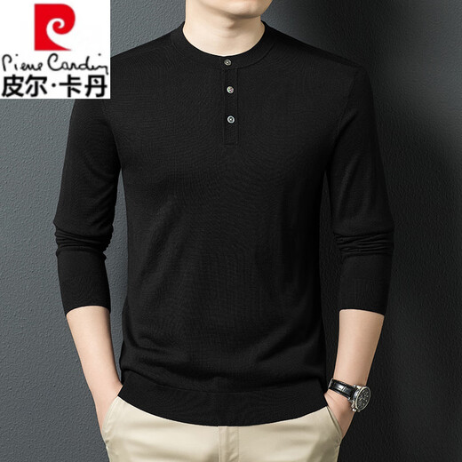 Pierre Cardin high-end brand wool-containing men's long-sleeved T-shirt 2025 spring and autumn new Henry collar casual sweater for men black M 170