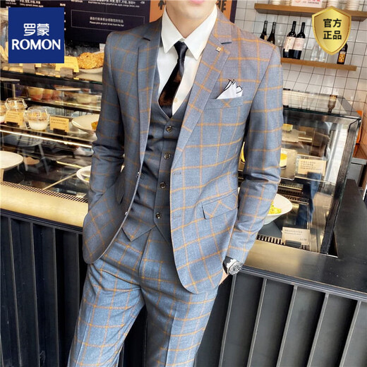ROMON men's three-piece suit, tailored shirt, hairstylist plaid pants, Korean trendy suit suit, vest, male groomsman ao1909 light gray plaid vest 3XL 146 - 155Jin Jin is equal to 0.5 kg