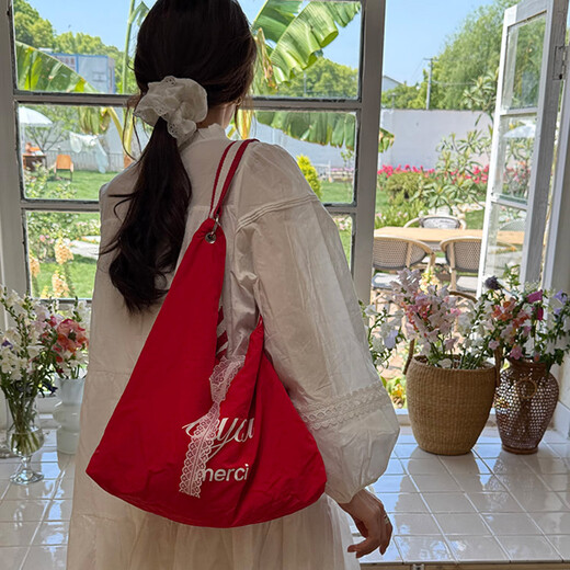 卡汐沐 条纹帆布包包女通勤斜挎包女韩国字母印花双面单肩包学生上课包 双面帆布包【红色条纹】