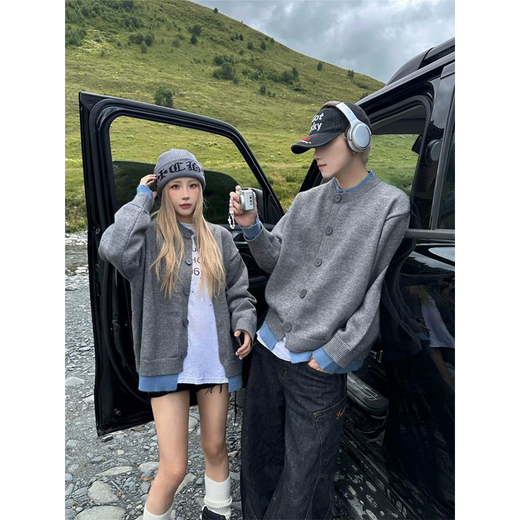 Digada American retro fake two-piece cardigan sweater for men autumn lazy style couple Henry collar sweater jacket MKQSF-2526 gray M 90-110Jin Jin equals 0.5 kg