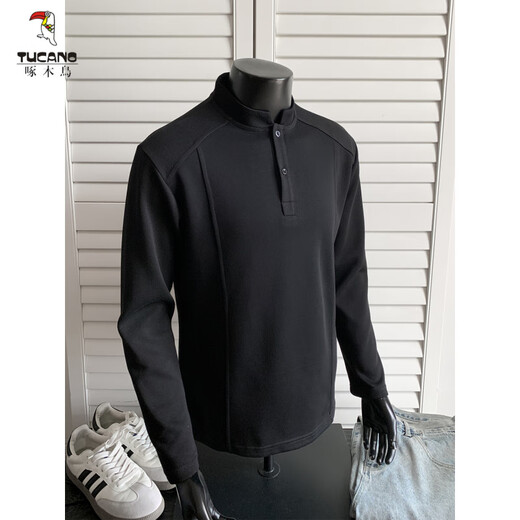 Woodpecker (TUCANO) gray Henry collar long-sleeved T-shirt for men 2025 new casual loose POLO shirt youth cleanfit sweatshirt black XL