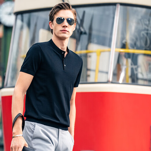 Mr. Bu star's same style machine washable wool T-wool short-sleeved sweater men's knitted bottoming shirt Henry collar piano black S (165)