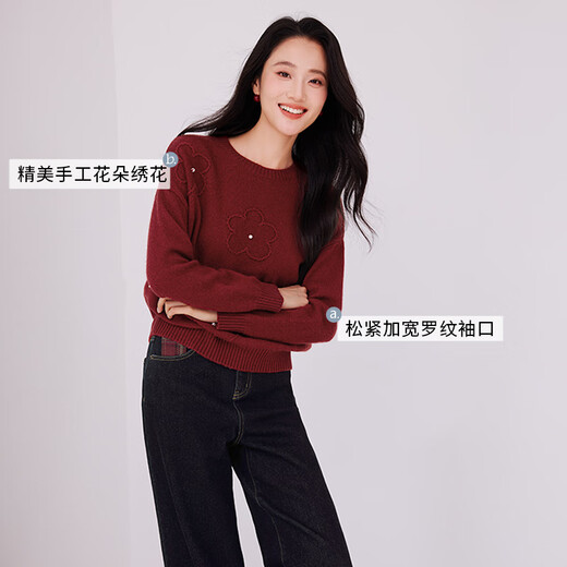 Xiangying wool + rabbit fur super nice red sweater for women 2025 winter new jacquard crew neck sweater red S 155/80A/85-95Jin Jin equals 0.5 kg