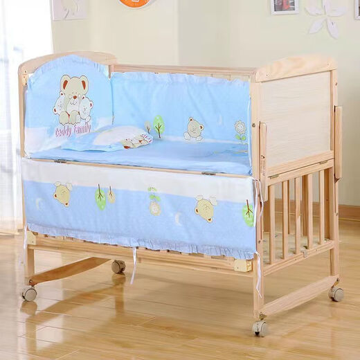 Tongjian crib solid wood paint-free environmentally friendly baby bed crib rocker baby cradle bed bed + mosquito net + three bears five-piece set single-layer large bed 102x60 0-3 years old