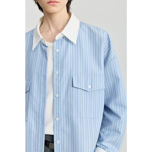 LILY2025 new winter women's clothing retro contrasting vertical stripes temperament versatile loose commuting long-sleeved shirt jacket 401 blue S