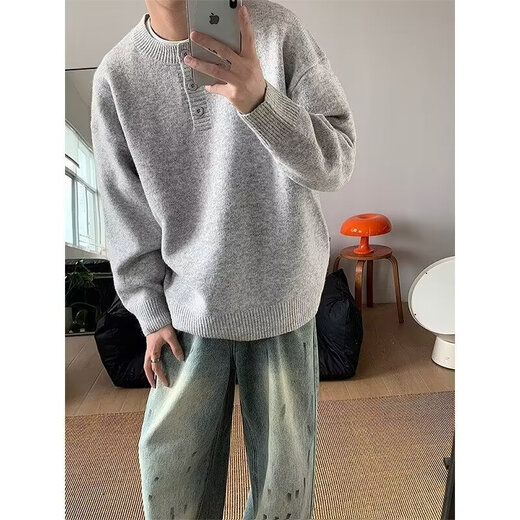 Autumn and winter American Henry collar sweater men's sweater American retro casual lazy style sweater men's solid color sweater light gray M
