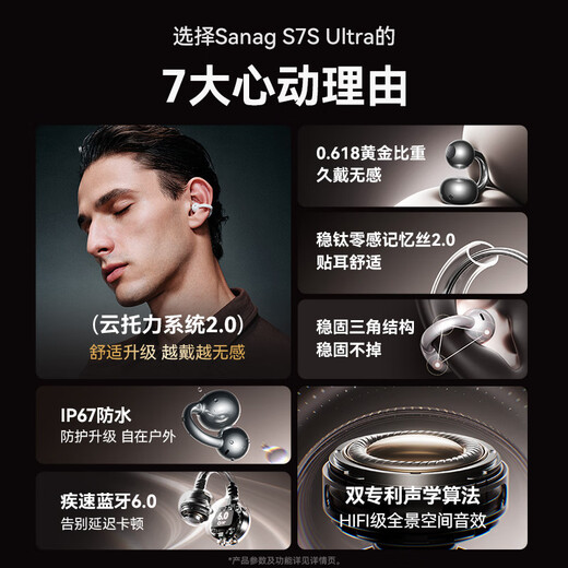 SANAG S7S Ultra Zhang Ruonan's same style Bluetooth headset ear clip air bone conduction concept ear hanging sports AI smart recording real-time wireless translator