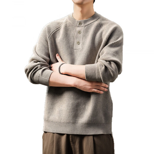 Bmuvlss high-end brand men's American retro Henry collar men's sweater 2025 autumn and winter new loose sweater for men oatmeal color M suitable for 110-130Jin Jin equals 0.5 kg
