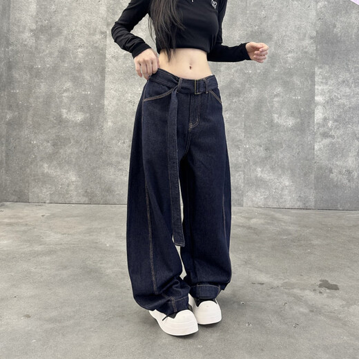 American high street retro personality belt jeans men and women dark blue street loose silhouette sickle wide-leg pants blue 1355 M