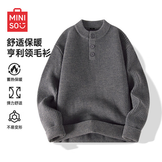 MINISO Henry Collar Sweater Men's Autumn and Winter 2025 New Lazy Style Dark Gray Fashion Button Sweater Top Jacket Henry Collar Dark Gray 2XL /180 (Weight 160-180Jin Jin is equal to 0.5 kg)