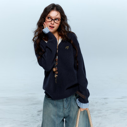 Sancai 2025 winter new fake two-piece sweater long-sleeved simple pullover top loose F navy blue M 160/84A