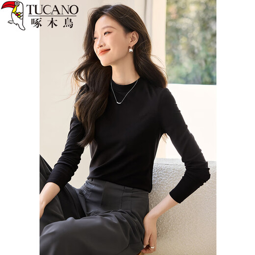 Woodpecker long-sleeved T-shirt for women in autumn pure cotton right shoulder slim fit versatile half turtleneck bottoming shirt top black XL