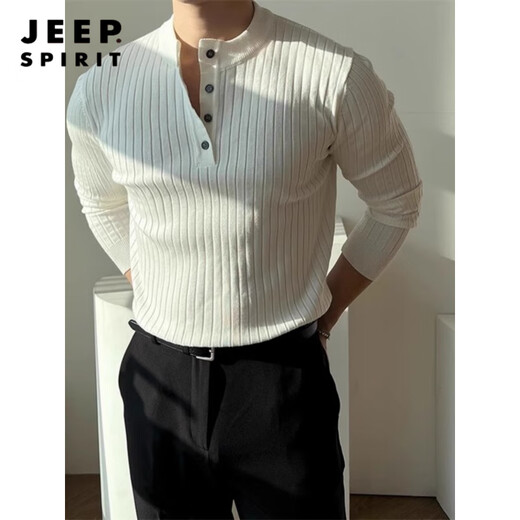 JEEP SPIRIT black Henry collar long-sleeved T-shirt men's spring and autumn American retro round neck sweater with versatile striped men's black M