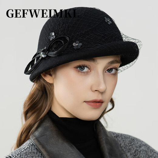 GEFWEIMKL Merino Wool Basin Hat Women's Autumn and Winter New French Style Wool Top Hat Women's Mesh Flower Lady Hat Black One Size (56-58cm)