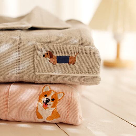 First look for autumn and winter couples pure cotton flannel long-sleeved trousers pajamas simple cartoon embroidery women's casual large size home clothes light pink women's L