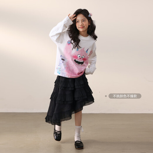 Luson Chen Dazhu Ropa para niños Little Monster Padre-Child Camiseta de manga larga Autumn Original Design Girls 'Autumn Top White Bump Black 120 120cm