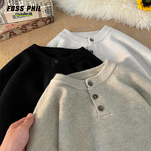 Foss Phil American solid color Henry collar sweater men's winter loose casual sweater top Q7142 black XL