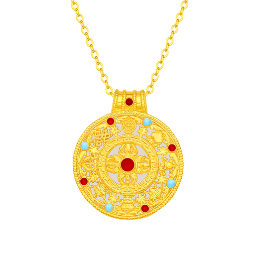 Mingzuan International 18K gold eight-treasure compass and field jade inlaid enamel pendant for women au750 necklace as a birthday gift for girlfriend