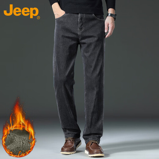 Jeep (JEEP) jeans men's autumn and winter straight loose casual pants men's business retro men's pants black gray plus velvet 32