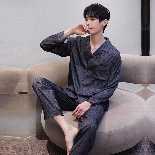 
Shemia ice silk pajamas men's long-sleeved spring, summer and autumn thin imitation silk Korean version of men's casual home clothing suit for outside wear NSXER-6627 Meteor XL