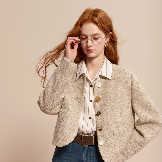 Sancai 2025 new winter style fragrant woolen coat round neck short coat M