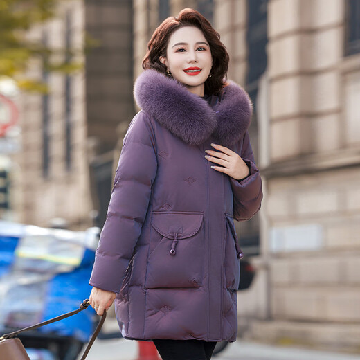 Yaya (YAYA) mother's fashionable and noble winter mid-length down jacket for middle-aged women, middle-aged and elderly fashionable fur collar jacket