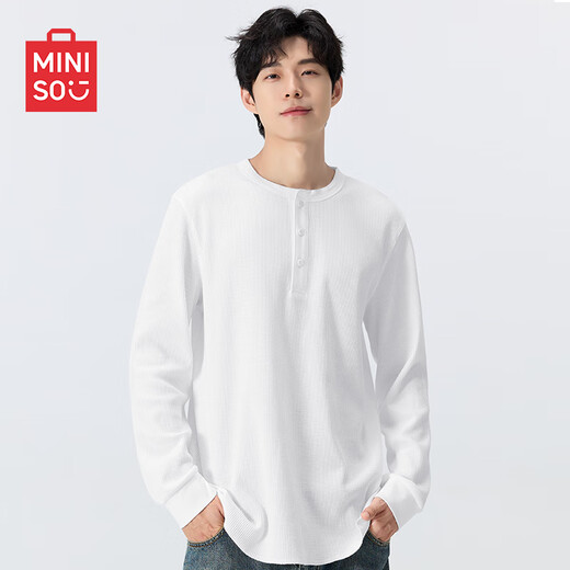 Miniso Long Sleeve Men's T-Shirt Waffle Henry Collar Bottoming Shirt Spring and Autumn Teenagers Bottoming Top Z White L