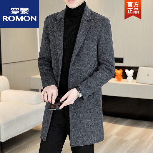 ROMON high-end double-sided woolen coat men's medium-length down gallbladder wool suit jacket casual woolen windbreaker 15X05 dark gray double-sided woolen coat M suitable for 95115Jin Jin equals 0.5 kg