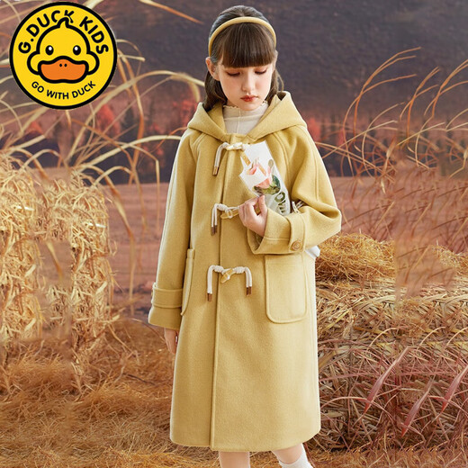 
G.DUCKKIDS brand children's wear girls' woolen jacket autumn and winter loose hooded thickened cotton children's woolen coat medium length goose yellow 22-1003 150cm