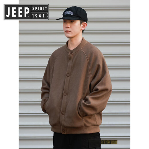 JEEP SPIRIT Japanese retro waffle cardigan sweatshirt jacket for men and women in spring and autumn loose casual sports Henry collar clip gray M