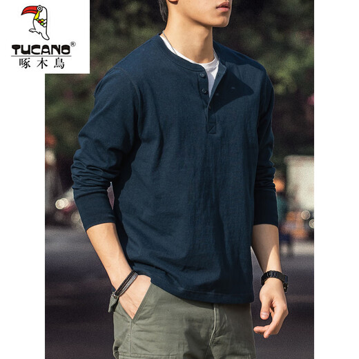 Woodpecker American Retro Henley Long Sleeve T-Shirt Men's 2025 Autumn 250g Pure Cotton Side Seamless Henley Collar Bottoming Shirt Denim Blue 250g Pure Cotton M Reference 125-140Jin Jin is equal to 0.5 kg