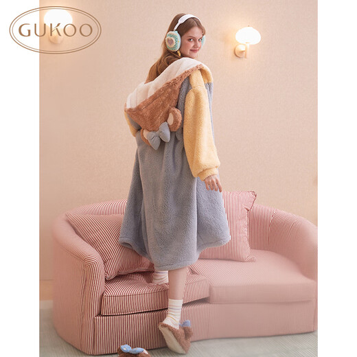 Gukoo Pajamas Women's Winter New Variety of Cute Women's Home Clothes Warm Hooded Cartoon Pajamas Light Blue XL