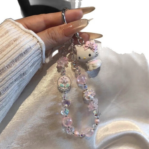 Xingyin mobile phone lanyard wrist hanging chain beaded girl's shiny high-end short chain anti-lost and fall-resistant dopamine cute little fresh pink pink control girl's heart kt lanyard pendant mobile phone lanyard wrist hanging chain Mary cat flower + TPU transparent patch