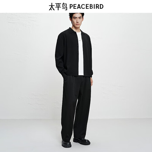 PEACEBIRD Men's Shopping Mall Sweatshirt Men's Acetate Fabric Black Lapel Sweater B1EAF1429 Black 1 L