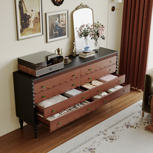 Anniydon Französische Retro -Truhe Kabinett Aufbewahrung Schlafzimmer Nachtkabine acht Kabine Fünf Eimer Kleine Apartment -Lagerschubladen -Eingangschrank [Retro Black Cabinet Door] 1,6 m Kabine 160*40*85 cm 12154
