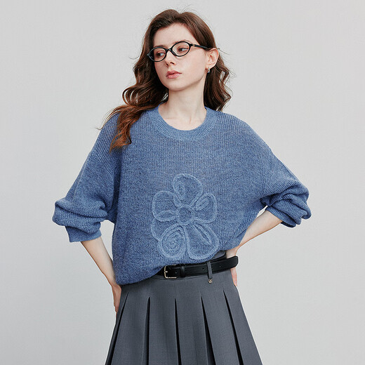 Chuyu three-dimensional floral knitted sweater for women 2025 autumn and winter new style dopamine mohair lazy top haze blue M